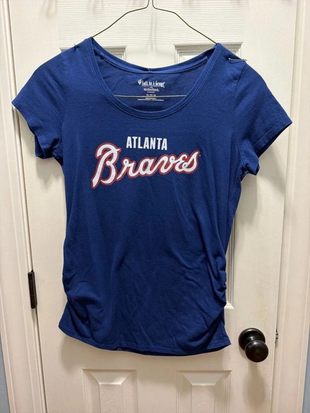 Soft As A Grape Maternity T-Shirt Atlanta Braves Nine Months You're Out Blue Med
